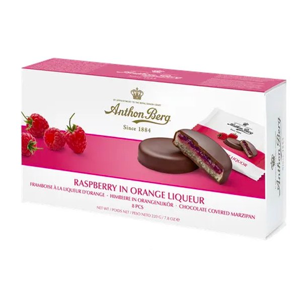Anthon Berg Raspberry In Orange Liqueur Chocolate Covered Marzipan 220g - Jessica's Sweets