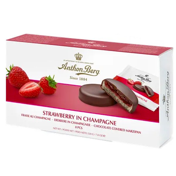 Anthon Berg Strawberry In Champagne Chocolate Covered Marzipan 220g - Jessica's Sweets