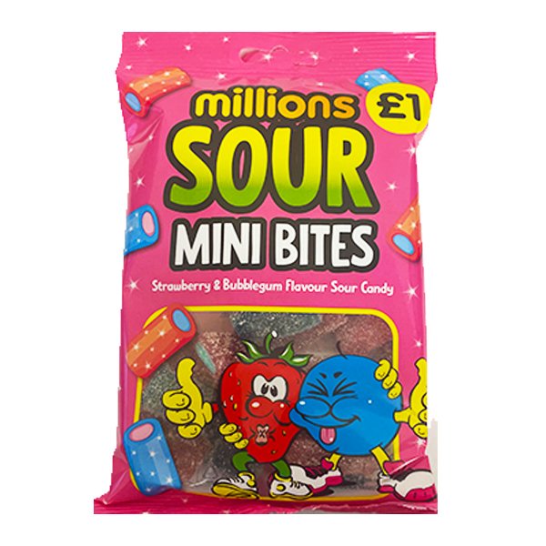Millions Sour Mini Bites Strawberry & Bubblegum 140g - Jessica's Sweets