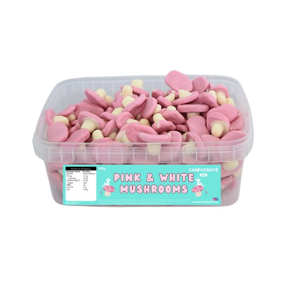Candy Crave Pink & White Mushrooms Tub 600g - Jessica's Sweets