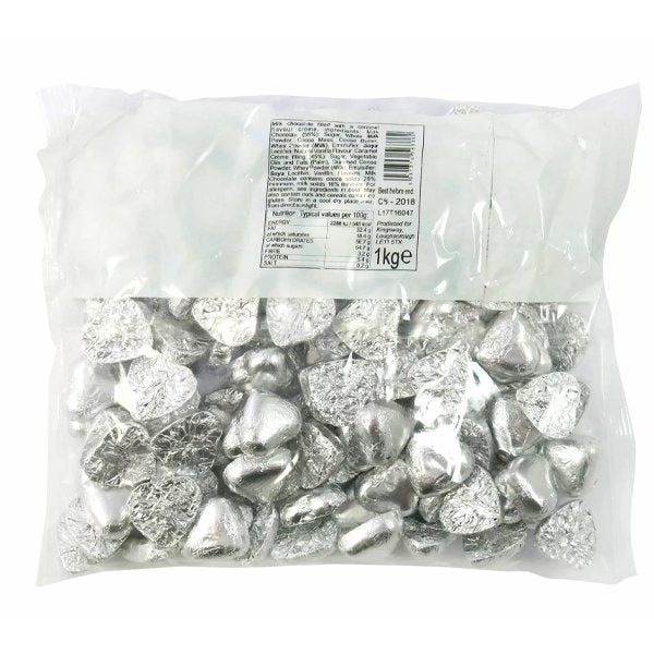 Kingsway Silver Foil Milk Chocolate Hearts 1kg - Jessica's Sweets