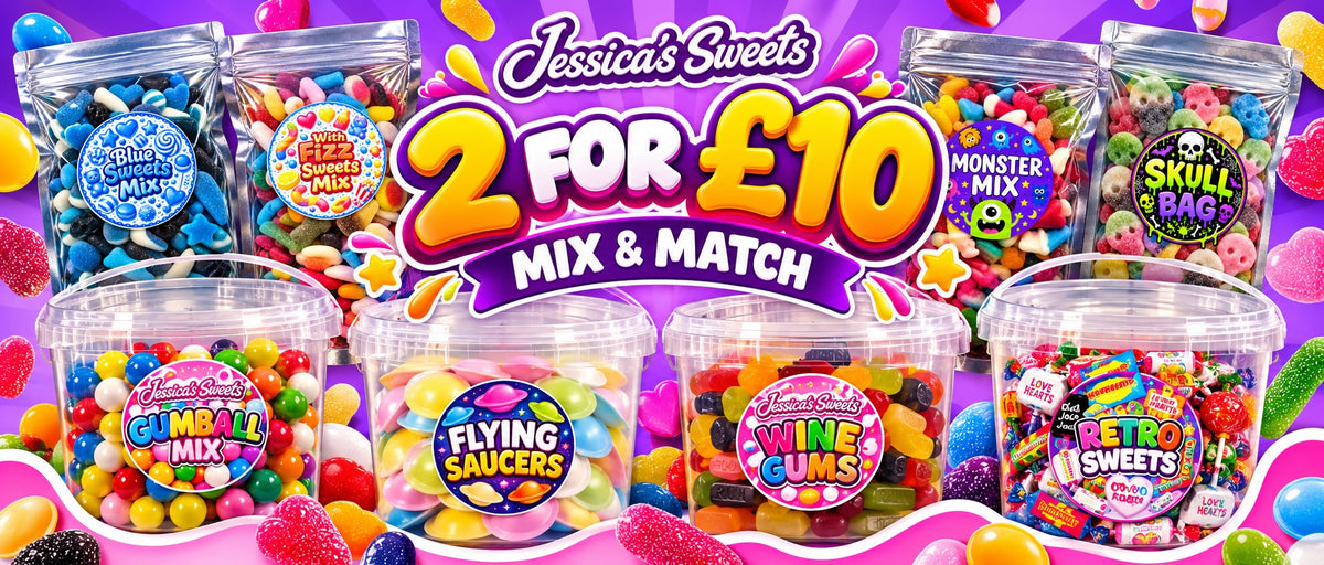 Promotional graphic for Jessica's Sweets offering a 2 for £10 mix and match deal. The image features eight clear plastic jars filled with various colorful gummy candies, hard candies, and sweets, arranged around a central purple and yellow promotional banner.
