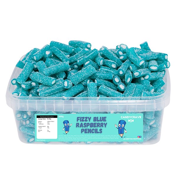 Candy Crave Fizzy Blue Raspberry Pencils Tub 600g - Jessica's Sweets