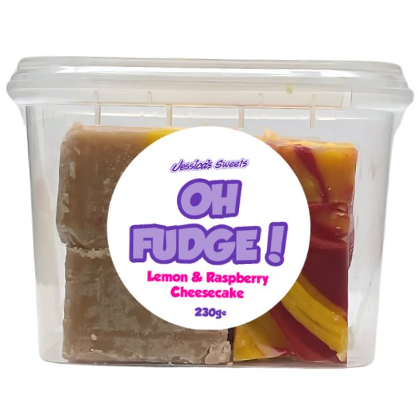 Jessica's Oh Fudge! Lemon & Raspberry Cheesecake Flavour Fudge 230g Tub - Jessica's Sweets