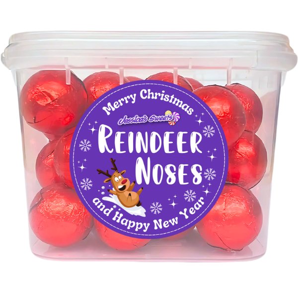 Christmas Reindeer Noses Red Foil Covered Milk Chocolate Ball Sweets Tub