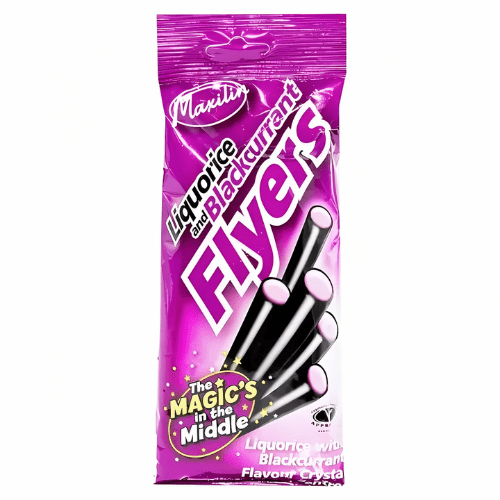 Maxilin Liquorice and Blackcurrant Flyers 90g - Jessica's Sweets