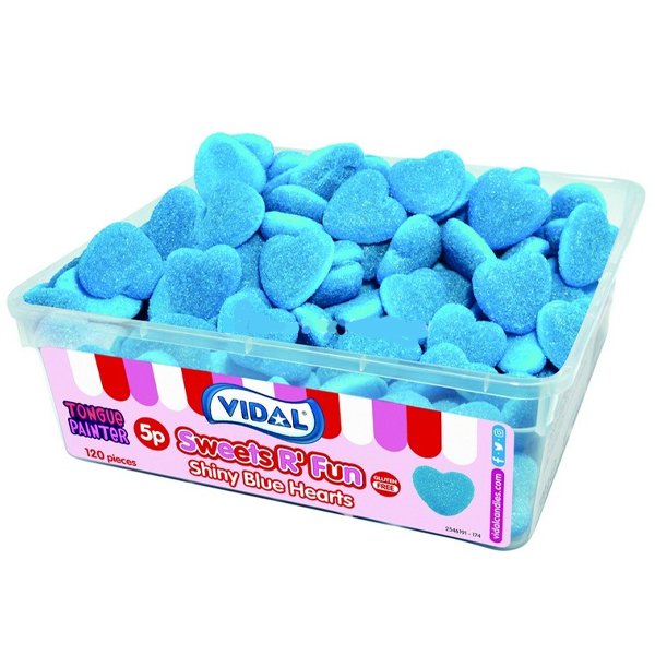 Vidal Shiny Blue Hearts Tub 125pcs - Jessica's Sweets