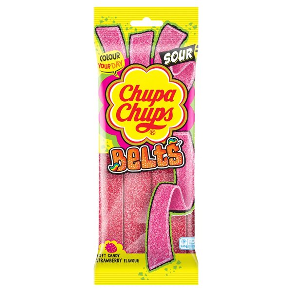 Chupa Chups Sour Strawberry Belts Pack 90g - Jessica's Sweets