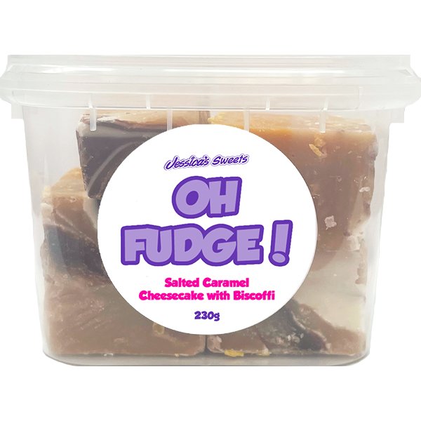 Jessica's Sweets Oh Fudge! Salted Caramel Cheesecake with Biscoffi Flavour Fudge 230g Tub - Jessica's Sweets