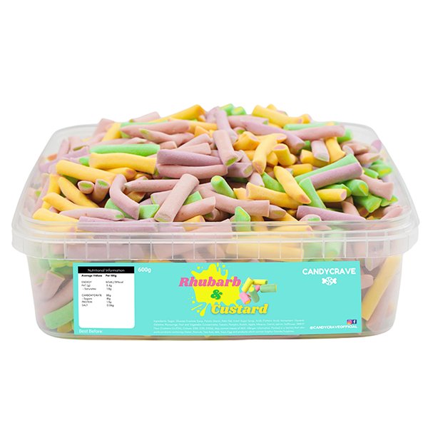 Candy Crave Rhubarb & Custard Pencils Tub 600g - Jessica's Sweets